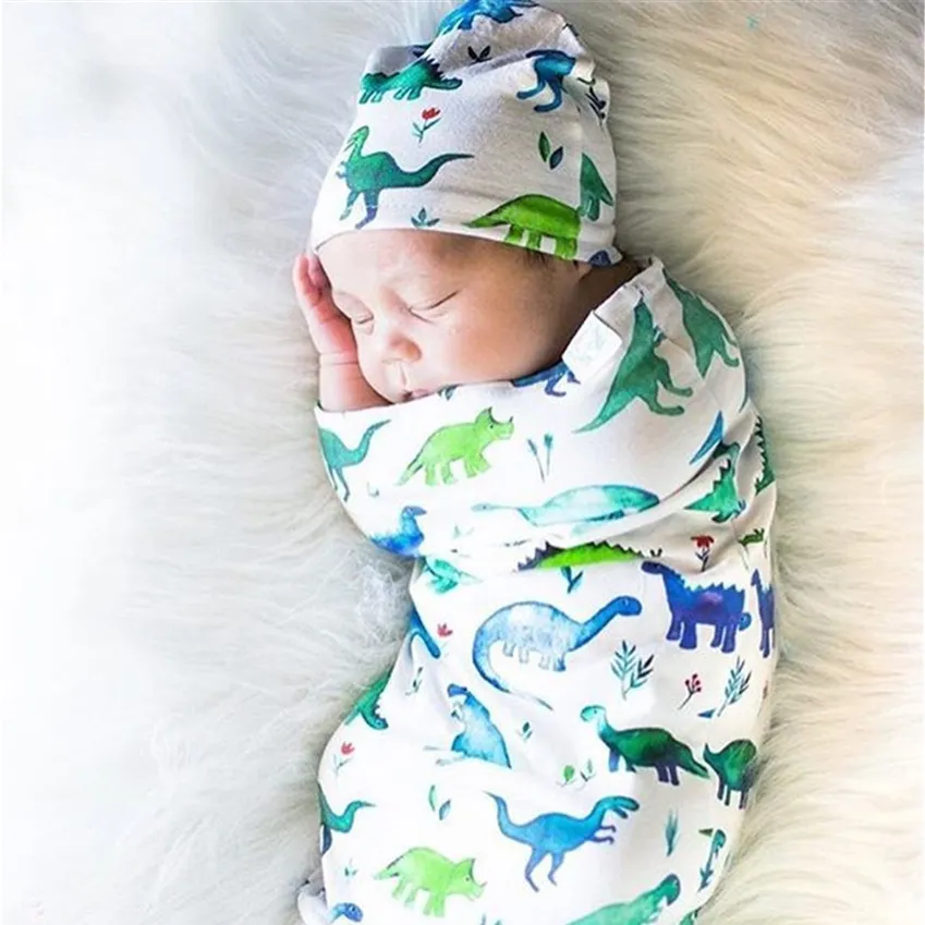 Goedkope Baby Slaapzakken Hoeden Pasgeboren Cartoon Dinosaurus Slaap Sacks Peuter Swaddles Caps Dierlijke Haai Afdrukken Swaddling Deken E22602