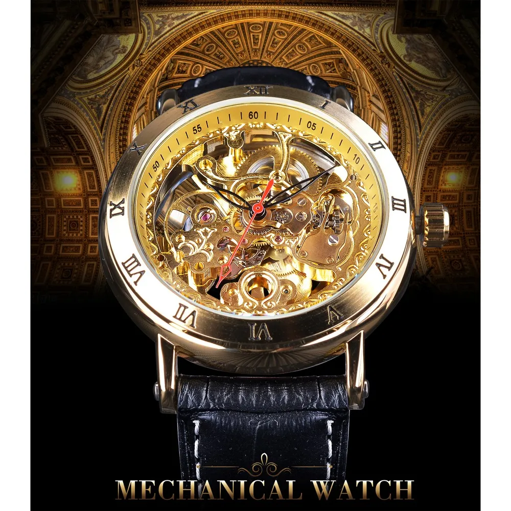 ForSining Royal Carving Roman Number Retro Steampunk Dial Transparenta Men Watches Top Brand Luxury Automatic Skeleton Wristwatch332d