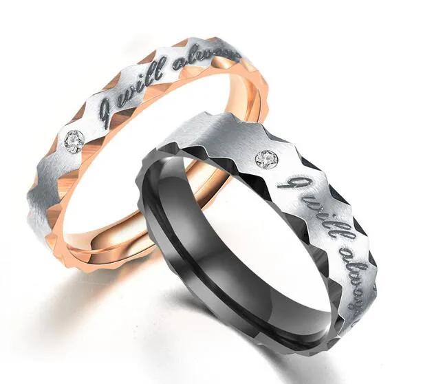 Romantisk Titanium Steel Couple Finger Ring Carving Brev Jag kommer alltid att vänta på dig Lover Lous Wedding Rings