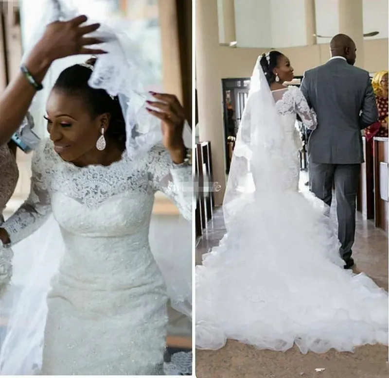 2020 elegante Afrikanische Meerjungfrau Hochzeit Kleider 2019 Vestido De Noiva Schwarz Mädchen Frauen Langarm Spitze Brautkleider Nach Gelinlik