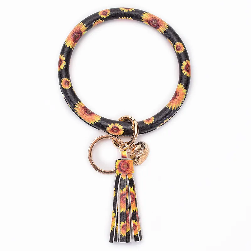 Bracelet ronde de tournesol Porte-clés avec Tassel Shell Charm Bracelet Cercle Keychain PU cuir Keychain Bracelet d'amitié à vendre