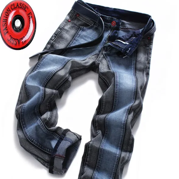 Mens Jeans Blue Black Stitching Color Matching Jeans Male European and American Stretch Pants Straight Pants Plus Size