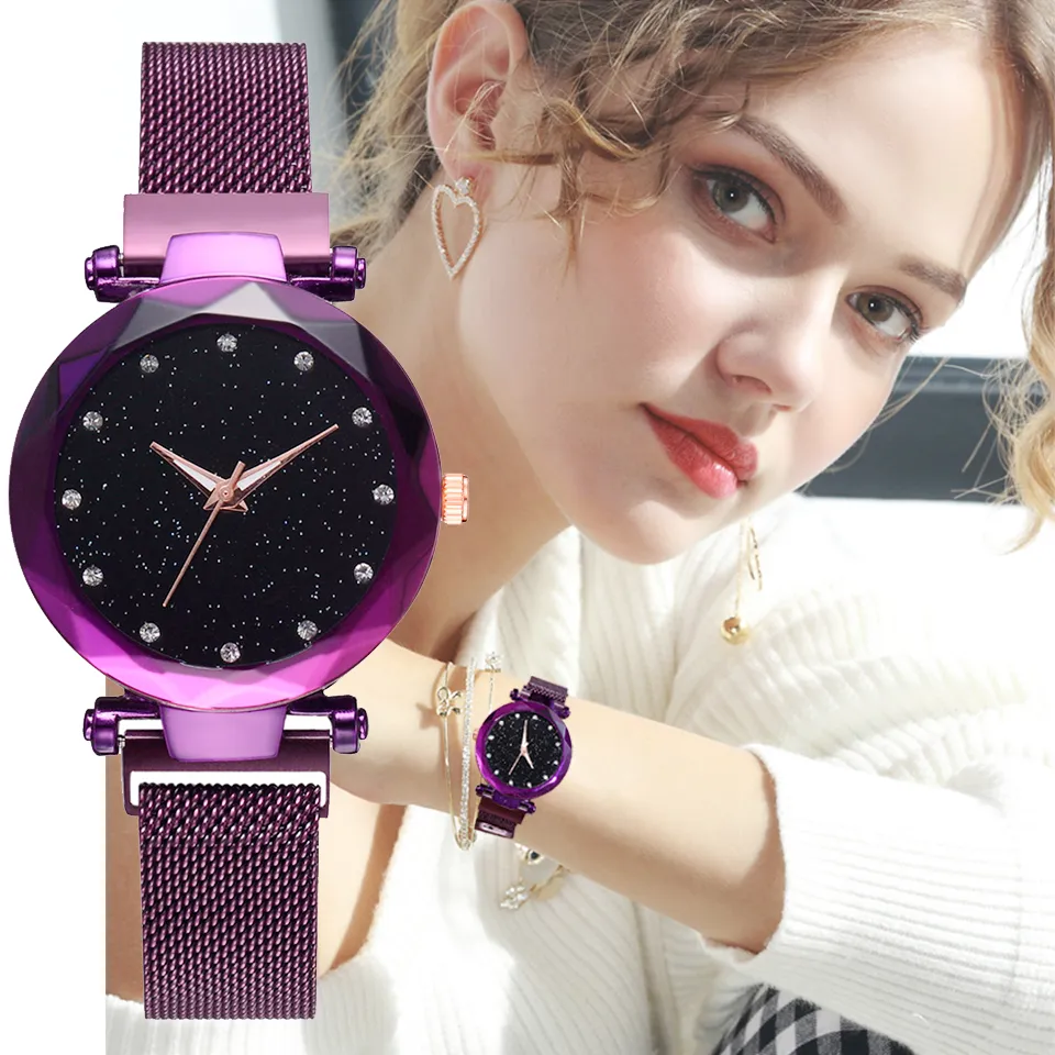 Relojes de mujer, malla de oro rosa, reloj de pulsera magnético de cuarzo con cielo estrellado y diamantes, reloj más vendido 2018, zegarek damski