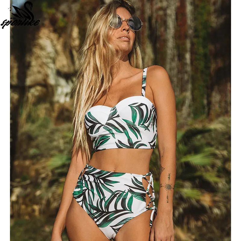 Hög midja badkläder 2019 nytt bladtryck bikinis kvinnor baddräkt vintage retro bad kostym halter Biquini maillot de bain femme