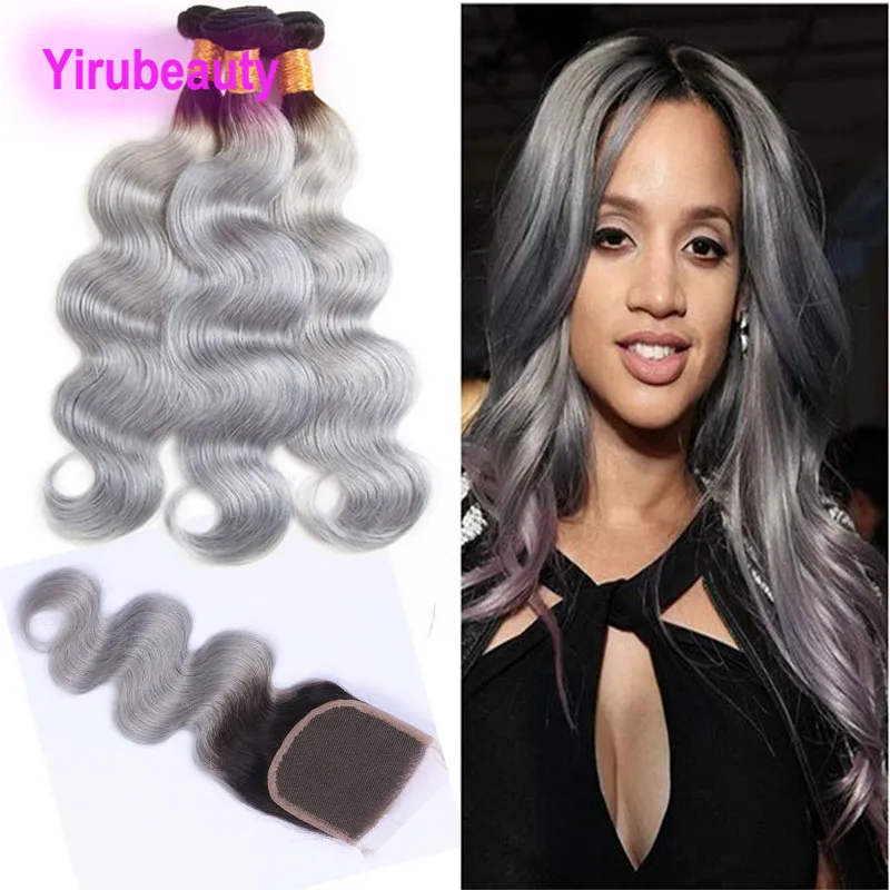 Capelli vergini brasiliani 1B / capelli Ombre grigi 3 pacchi con chiusura in pizzo 4 * 4 Trame di capelli umani grigi dell'onda del corpo 1B con chiusura Tre centrali libere