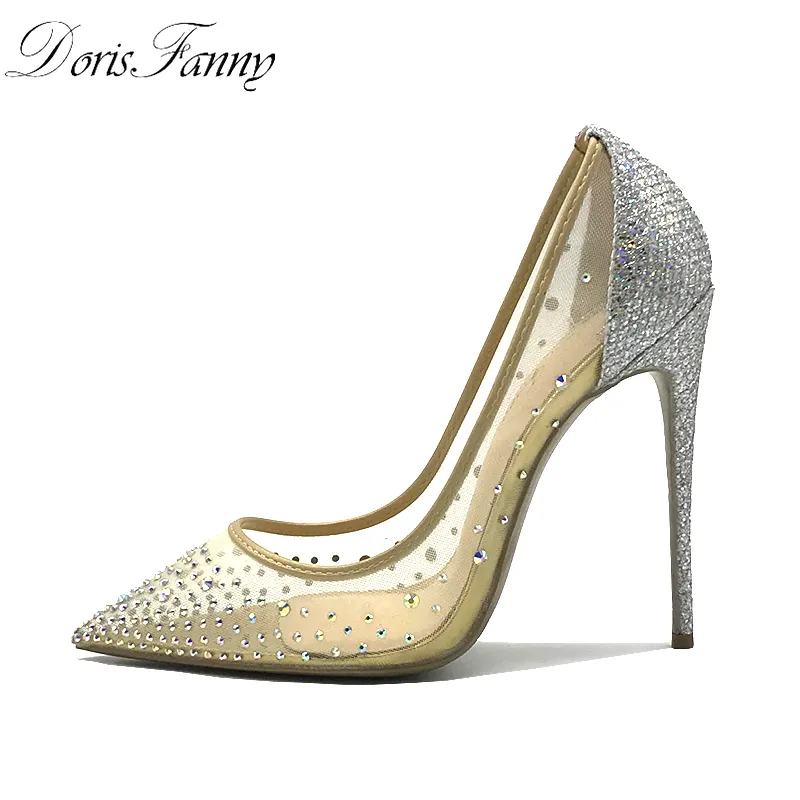 Doris Fanny Sexy chaussures femme fête bout pointu talons cristal bling argent chaussures talons hauts pompes 12 cm chaussures de mariage 43 taille