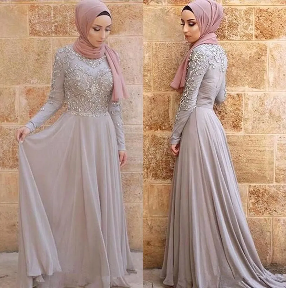 2019 Silver Gråa Evening Klänningar Hijab Arabiska Dubai Vintage Långärmad Hög Neck Formell Occasion Party Gowns Prom Dress Appliqued BC1714