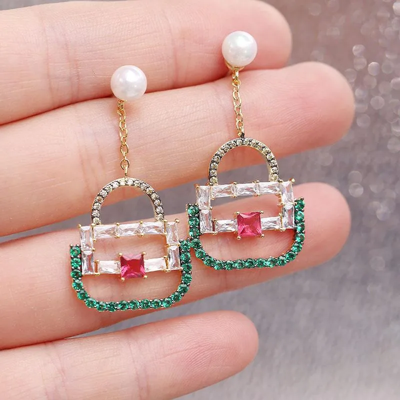 Partihandel-Fashion Long Pearl Örhängen för Kvinnor Creative Bag Shaped Stud Earring Korea Style S925 Silver Smycken