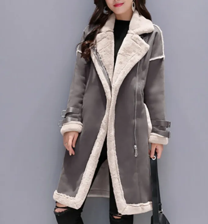 Les femmes agneaux shearling chaud longues moyennes femmes manteau de laine épaisse manteaux de cuir de suède automne Jackets vêtements de femme d'hiver