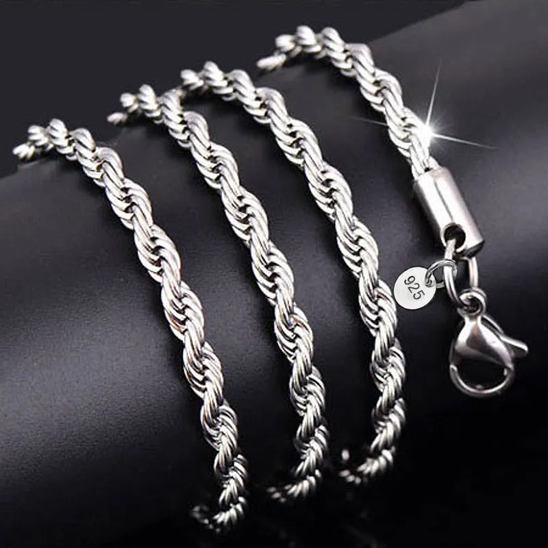 Collares de plata de ley 925 de 3 mm, cadena de cuerda apta para colgante, collar para hombres, joyería de moda para mujeres, accesorios DIY 16 18 20 22 24-30 pulgadas