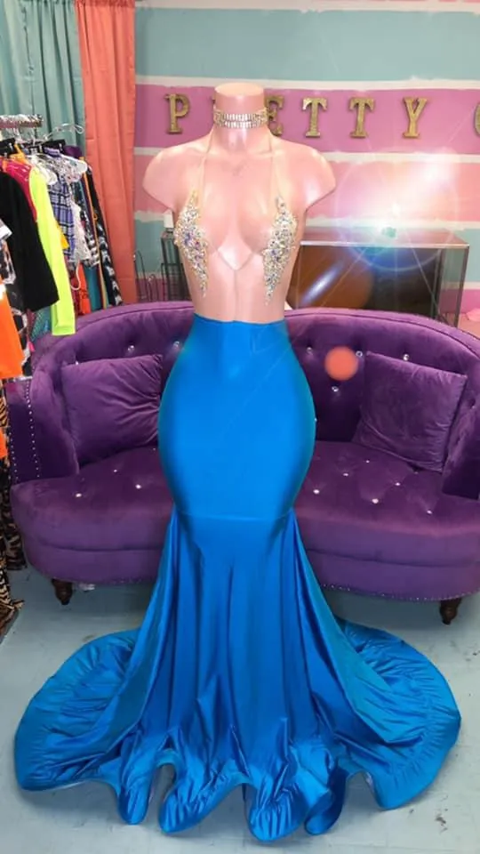 blue illusion dresses Long Sleeveless Dress with Illusion Bodice by Elizabeth K GL2232 XS / Green