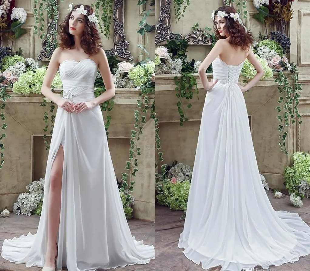 Einfache elegante Kleider Rüschen Schatz eine Linie Chiffon Seite Split Long Hochzeitsfeier Braut Kleider für Frauen Plus Größe Brautkleider