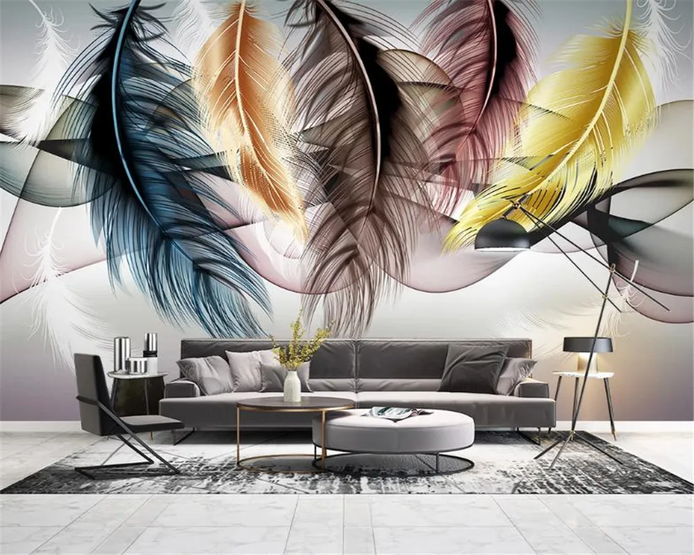 3d Wall Paper small fresh light luxury feather abstract smoke living room sofa background wall painting HD Wallpaper