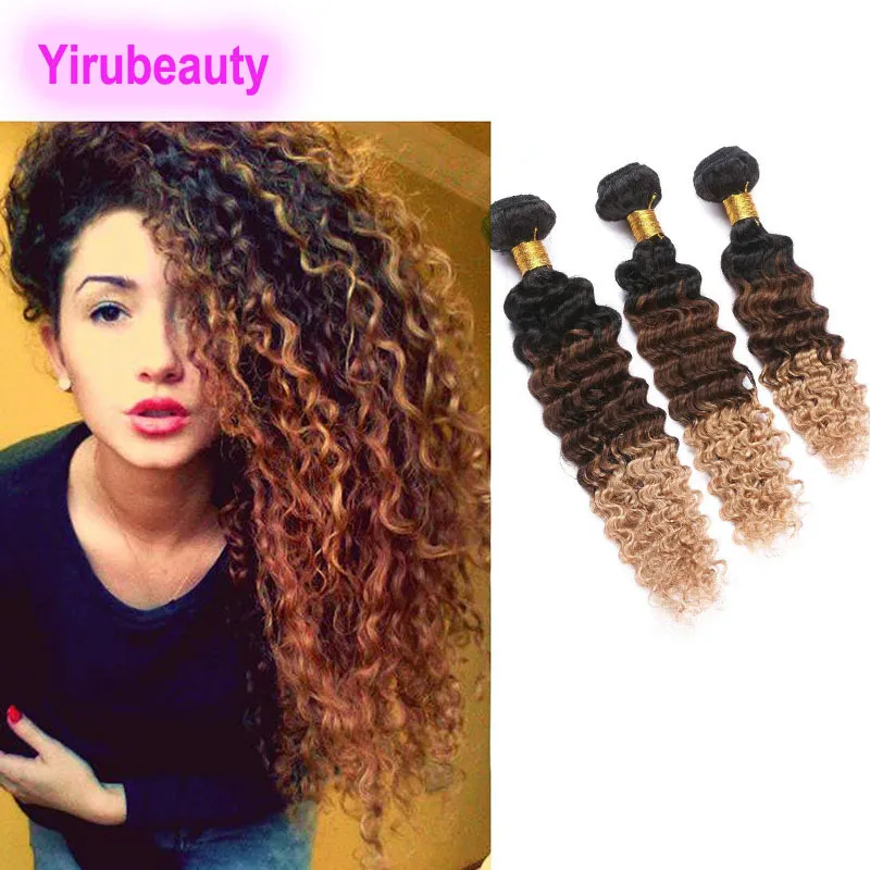 9A Indian Virgin Hair Yiruhair 3 Bundles Ombre 1B/4/27 Deep Wave Curly Hair Extensions Three Tones 8-28Inch