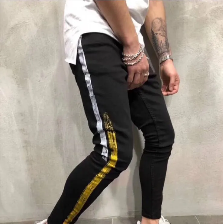 Men's Jeans Mens Men Designer Skinny Ripped Red Stripes Pants Stretch Black Slim Biker Jeans1241Q