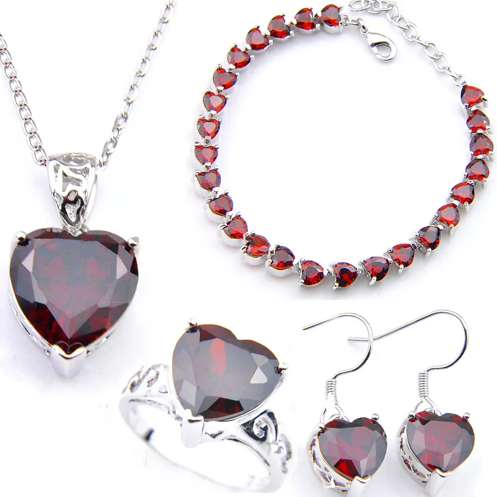 dia LuckyShine 925 Sliver coração Cut Red Cristal Zircon jóias Set Mulher charme jóias brinco pingentes Anéis Pulseira dos Namorados Gif