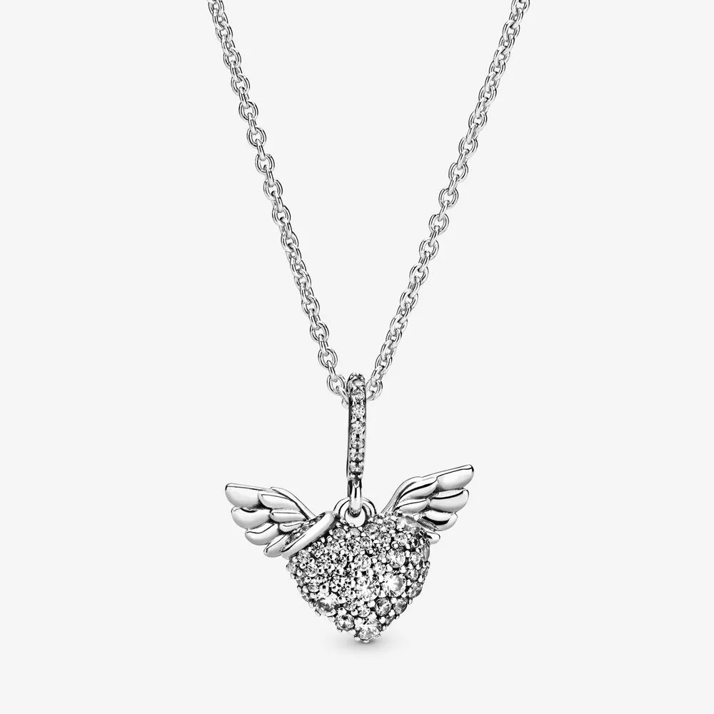 100% 925 Sterling Silver Pave Heart and Angel Wings Necklaces Fashion Women Wedding Engagement Jewelry Accessories