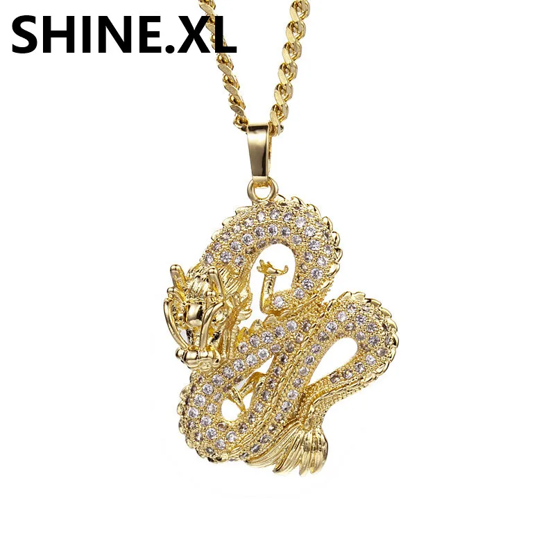 Hip Hop Jewelry Iced Out Zircon Gold Color Dragon Pendant Necklace Creative Party Jewelry Exquisite Long Necklaces for Men Women
