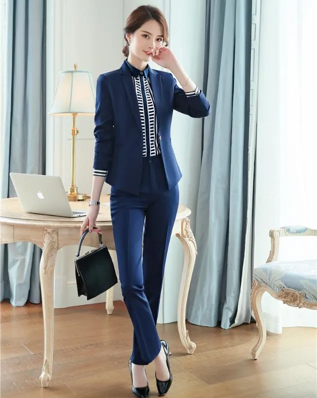 Women's Suits & Blazers Formal Pant For Women Work Wear Blazer And Jacket Set Ladies Office Uniform Styles Navy Blue