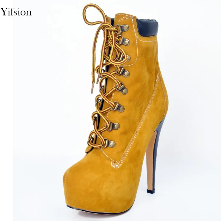 RONTIC Dames Winter Platform Warm Enkellaarzen Stiletto Hoge Hakken Laarzen Ronde Teen Office Yellow Shoes Women Plus US Maat 4-15