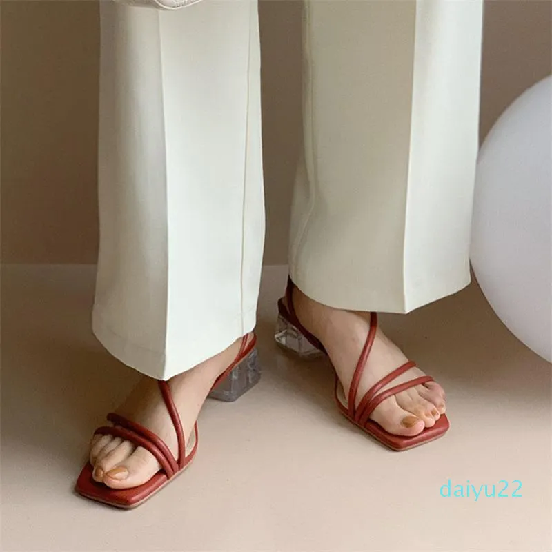 Hot style -Narrow Band Sandals Woman Med Heels Crystal Thick Heel Shoes Square Toe Sandals Fashion Ladies Shoes Summer Red White 40