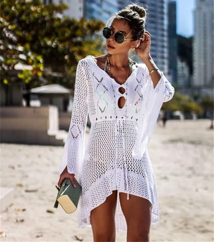 Mujeres de punto en blanco cubiertas de playa vestidos de traje de baño pareo de plage traje de baño cubierto de playa desgaste pareos de playa mujer bikini encubierta