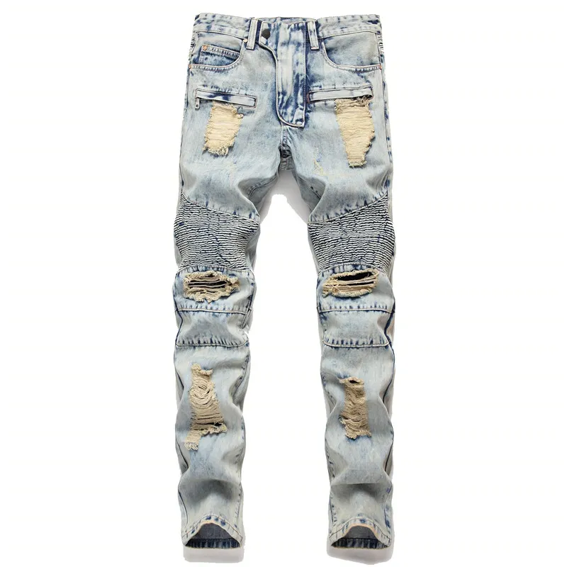 Fashion Men Ripped Motorcycle Jeans Straight Biker Denim Trousers Pants ...