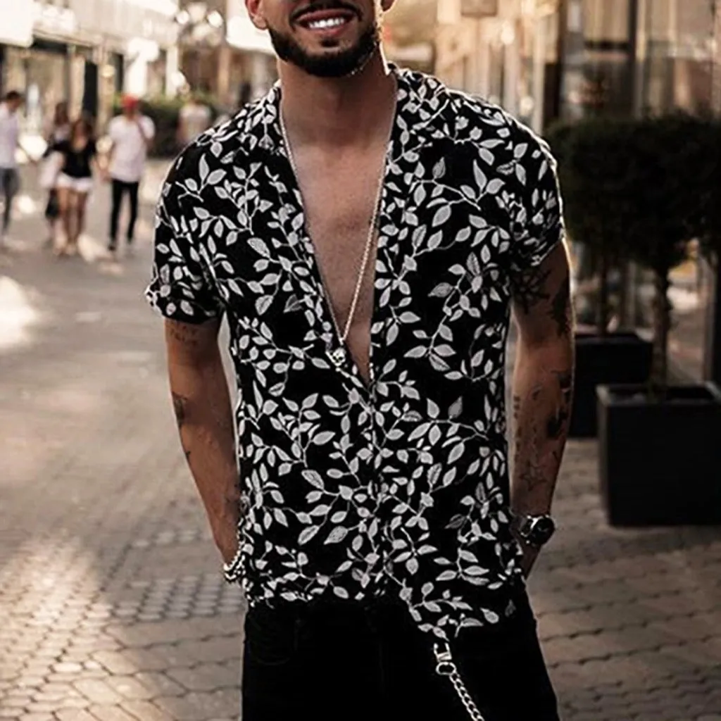 Slim Black Mens Casual Floral Shirts With H Hawaiian Print Short