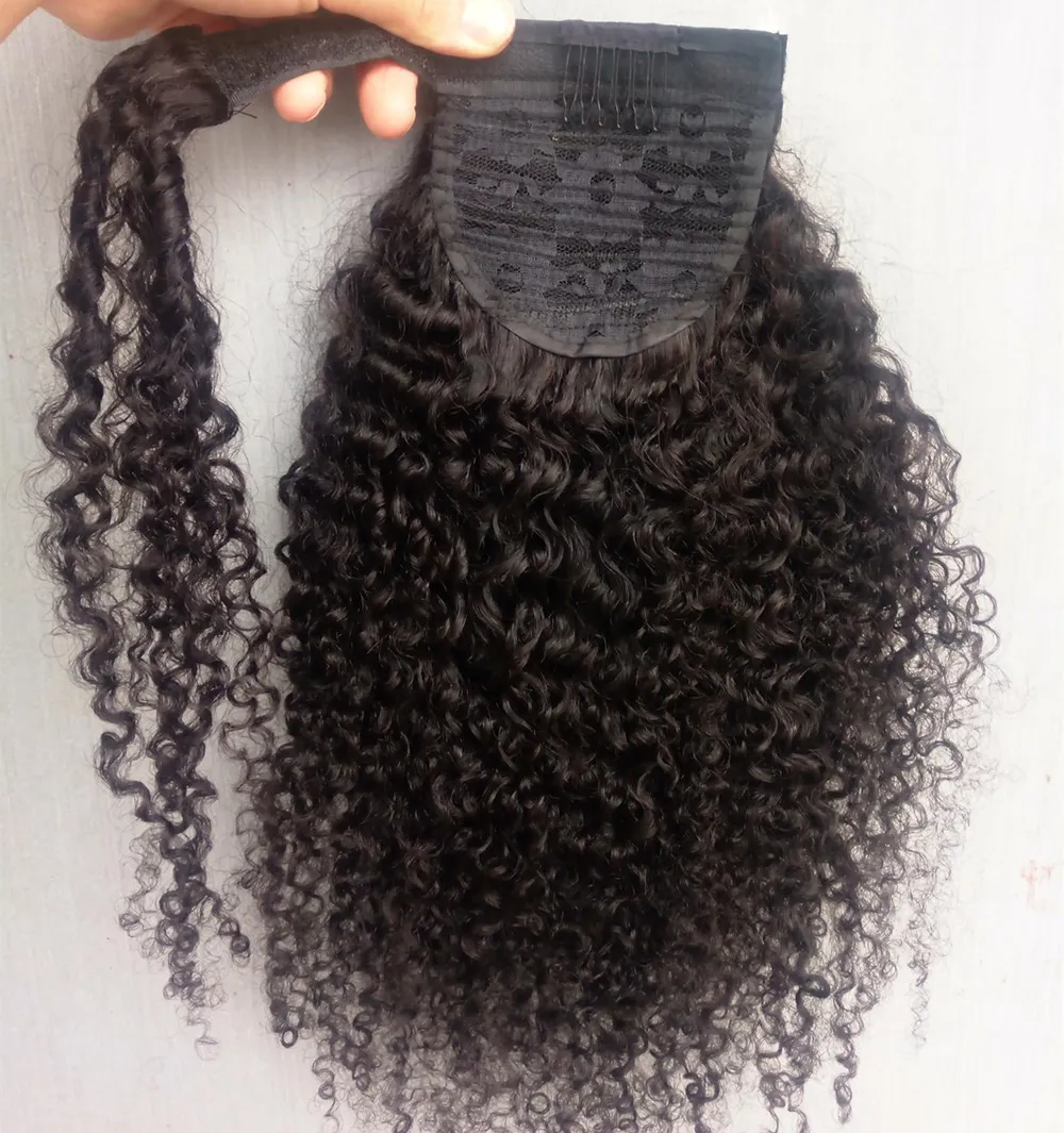 Человек хвостик волос Европейский Kinky завитые Extensions 160gram Wrap Around Клип в конский хвост Реми волос 10-24 дюймов
