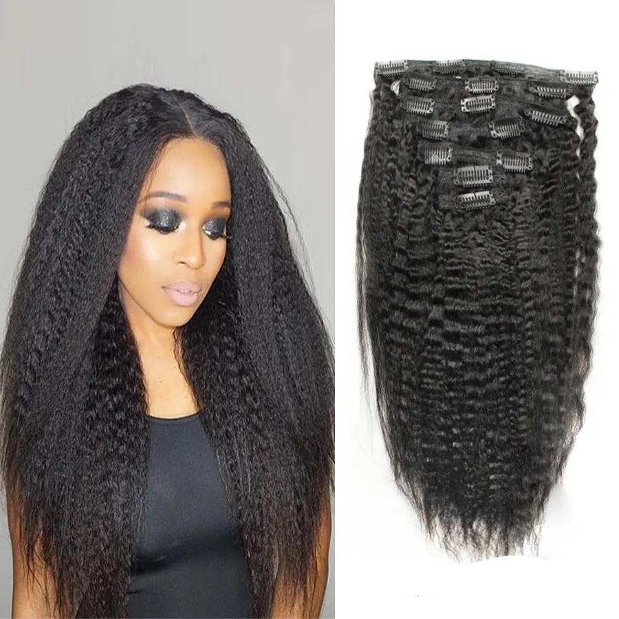 Maleisische Virgin Haarklemmen in / op Menselijk Haar Extensions Volledige Hoofd Natuurlijke Kleur Grof Yaki Kinky Straight 7pcs Lot 100G 120G 12-28 inch