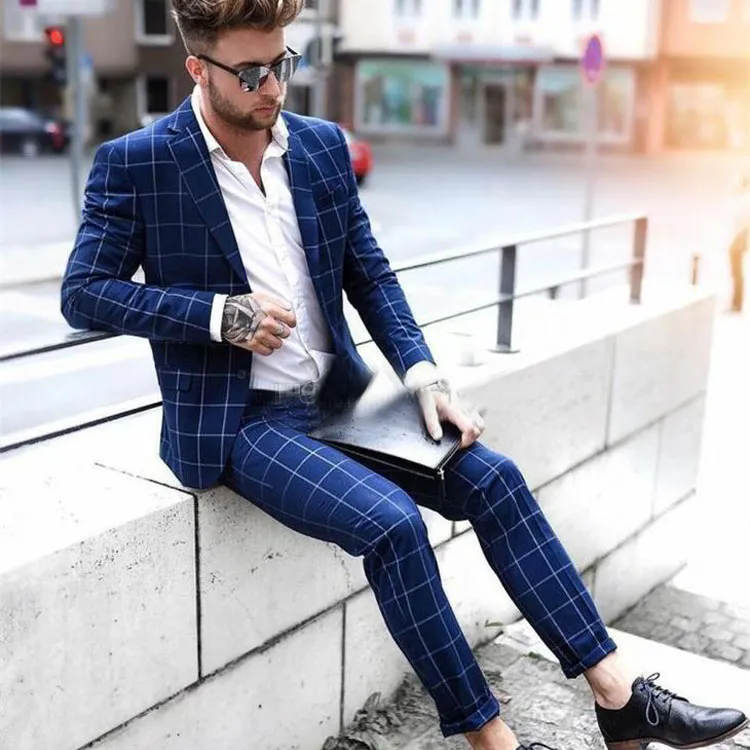 Fall Glen Plaid Wedding Mens Passar Notched Lapel One Button Groom Wear 2 Piece Bästa Man Formell Blazer Suit (Jacka + Byxor)