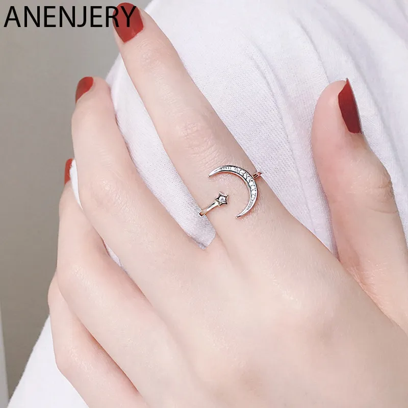 Simples Zircon Moon Star 925 Anel de Prata Esterlina para Mulheres Menina Ajustável Tamanho Bom Presente