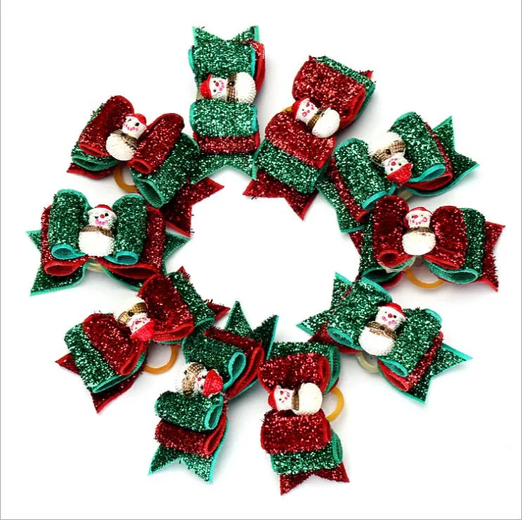 Glitter Christmas Pet Hair Ornaments Pet Dog Cat Xmas Hair Bows Puppy Grooming Bows Hair Accessories Rubber Bands Christmas Gifts