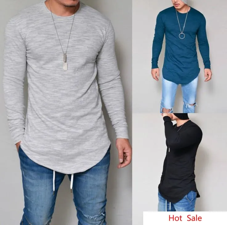 Mens Longline T Shirt Solid Hip Hop Långärmad Tees För Spring och Höst Gratis Frakt Swag Kläder Slim Harajuku Tshirt