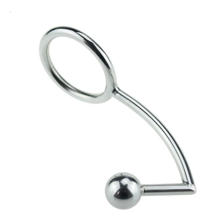 Male Anal Intruder Cock Ring Metal Chastity Anal Hook Solid Ball Contact With Scrotum Stimulation Anal Tail Sex Toys 1.75" 2" Y19070102