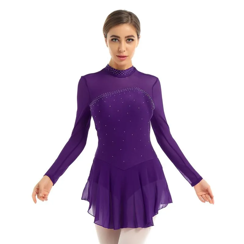 New Women Adult Figure Ice Skating Dress Shiny Rhinestones Long Sleeves Keyhole Back Roller Skating Leotard Ballet Dance Costume