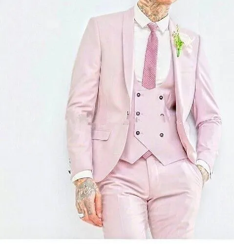 Novo Estilo Clássico Um Botão Rosa Casamento Noivo Smoking Xaile Lapela Groomsmen Homens Ternos Blazer Prom (Jaqueta + Calça + colete + Gravata) 204