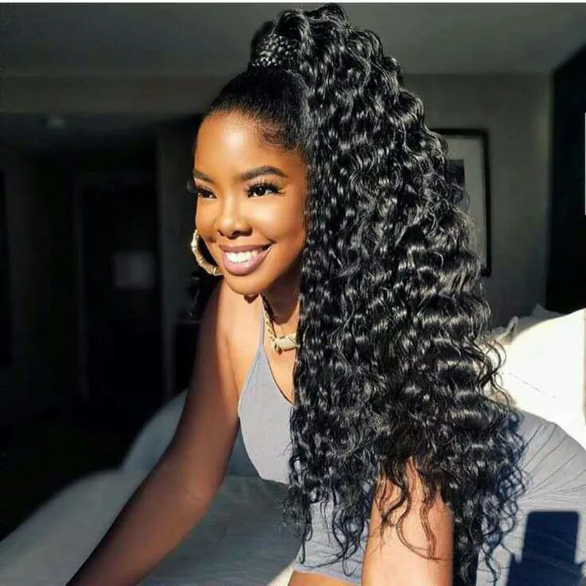 16 pouces Kinky Curly Ponytail Extensions de Cheveux Humains pour les Femmes Noires Naturel Noir # 1b Réel Cheveux Humains Wrap Cordon Extensions De Queue De Cheval