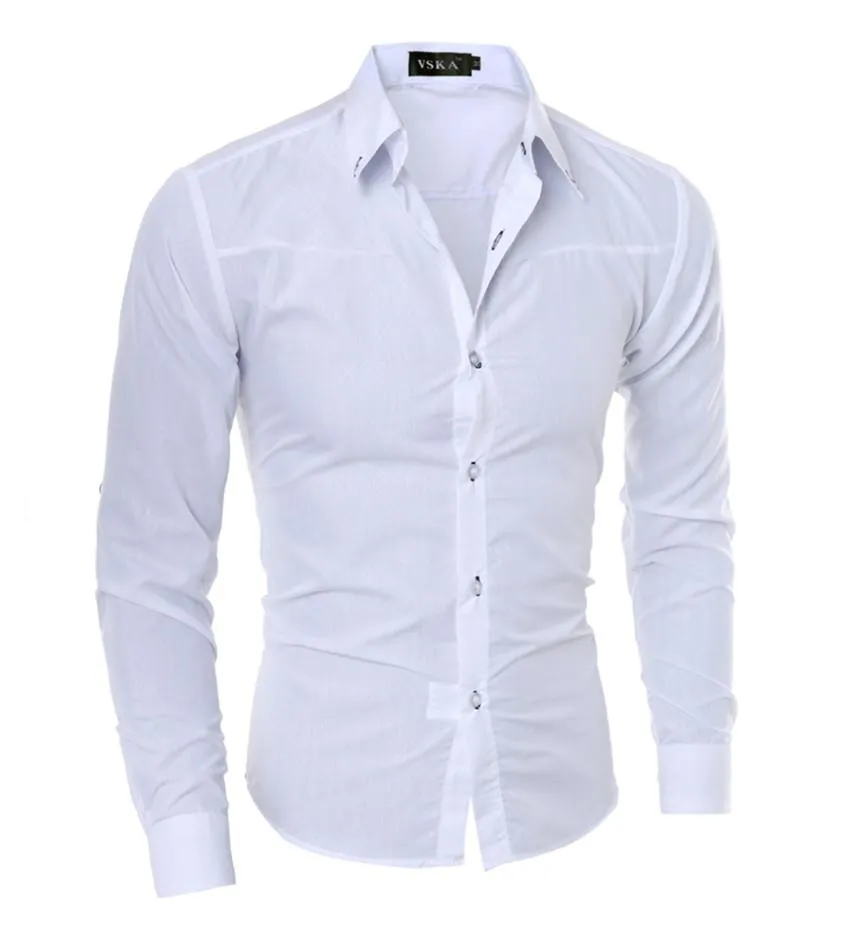 Hommes chemise nouveauté mâle couleur unie col Mandarin affaires smoking à manches longues décontracté coton robe chemises M-5XL