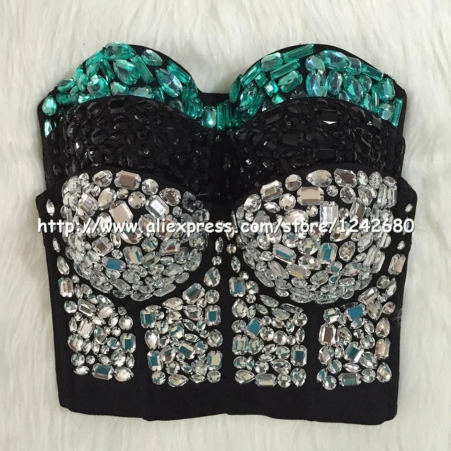 wholesale rinestone green silver bralette corset crop top vest