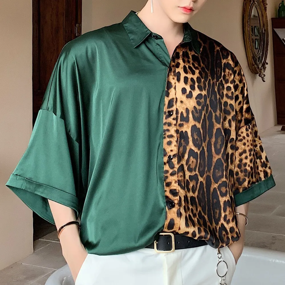 2019 Casual Shirts Male Streetwear Hip Hop Fashion Loose Stage Show Party Dress Shirt Men Short Sleeve Leopard Splice Match Bag