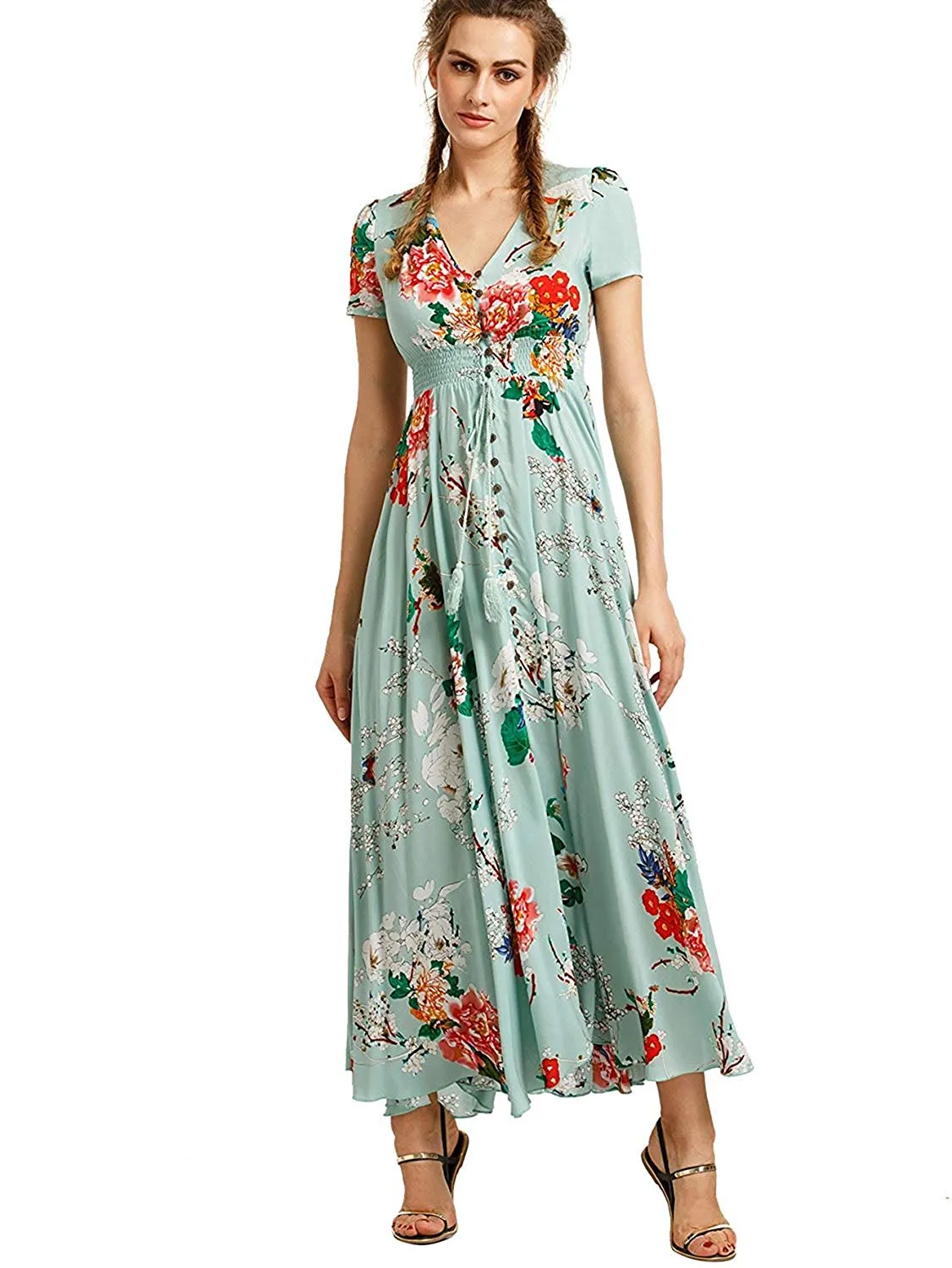 Femmes Floral Imprimer Bouton Up Split Flowy Boho Party Long Maxi Dress Robe De Plage D'été Robe De Cocktail