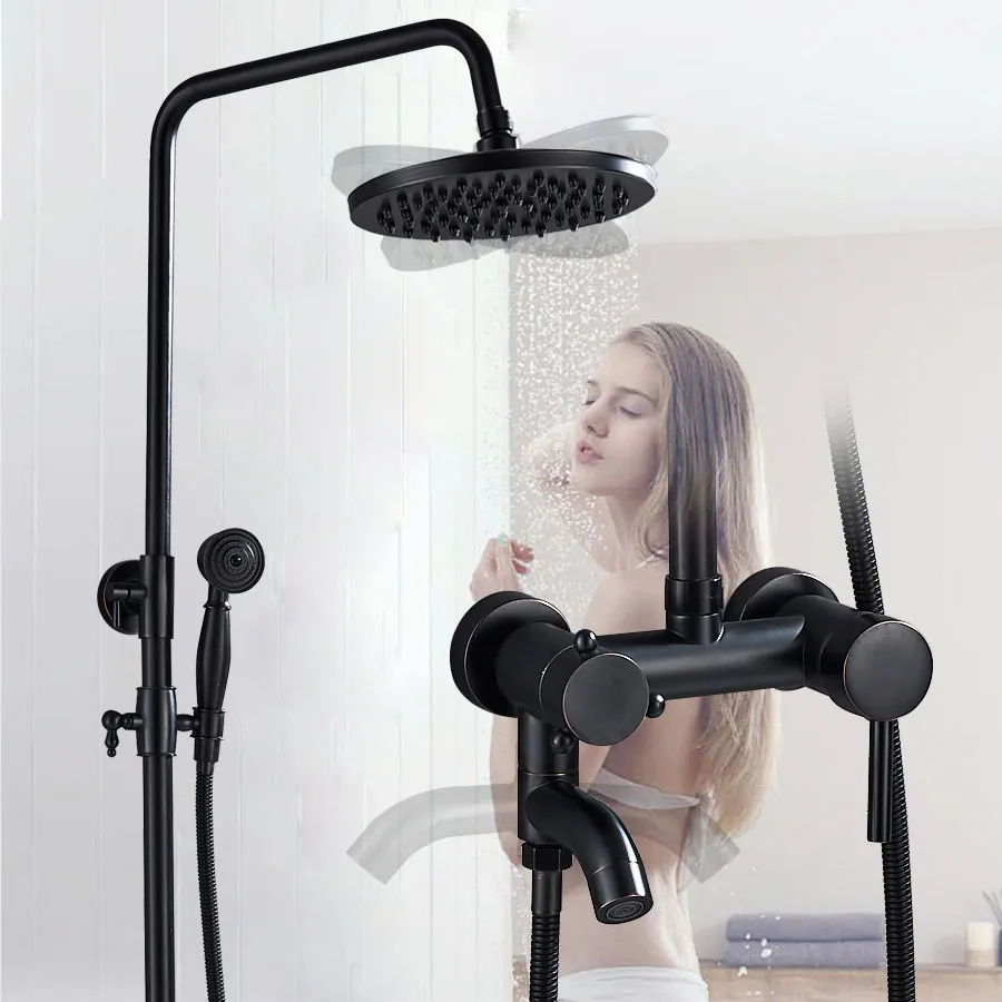 Black Rainfall Shower Set Single Handle Swivel Waterfall Spout Bath Shower Mixer Faucet Brass Hand Shower Height Adjustab