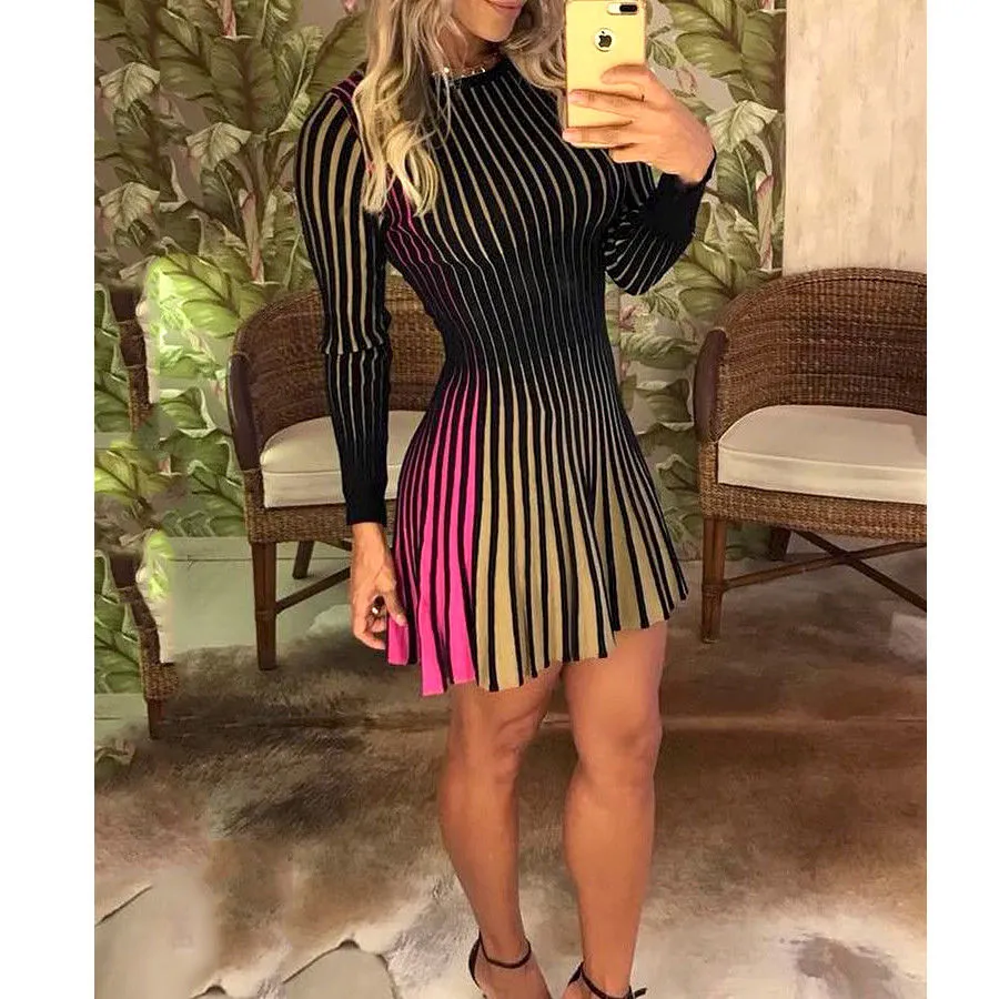 2019 New Women Dress Long Sleeve Striped Fashion Women Long Sleeve Party Short Mini Casual Dress