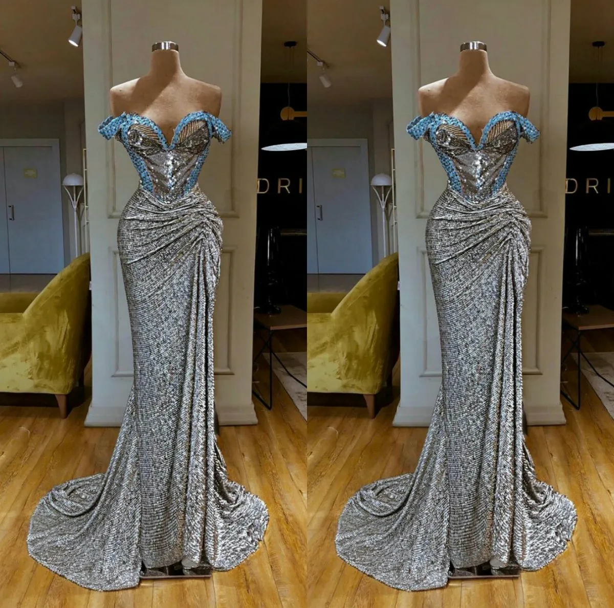 Image réelle sirène robes de bal hors de l'épaule Bling paillettes perlées robe de soirée de luxe sur mesure robes d'occasion spéciale