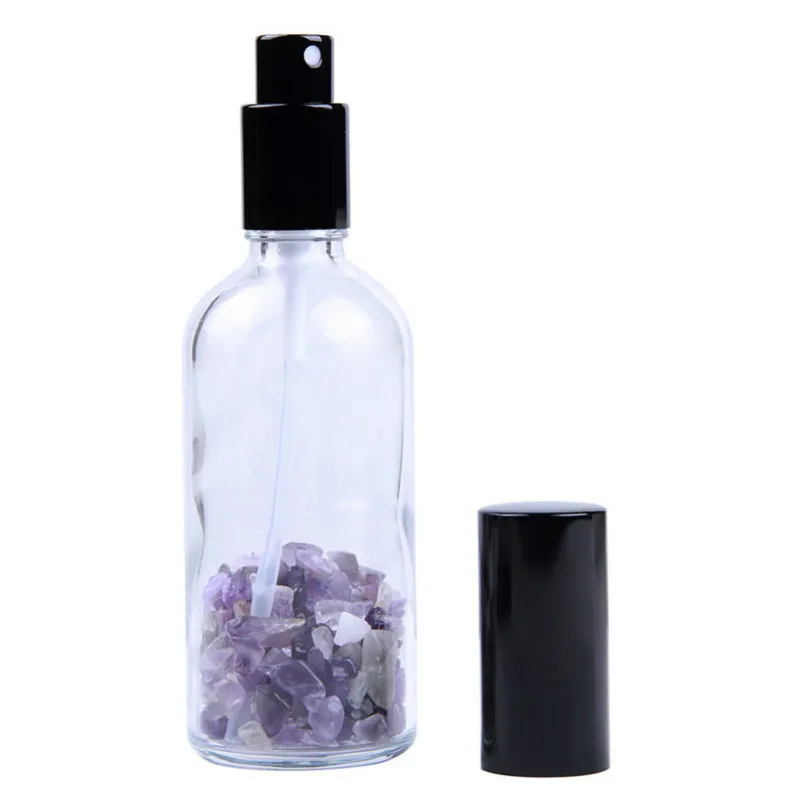 Natuurlijke edelsteenchips 100 ml clear glazen flessen spray hervulbare parfum verstuiver reizen draagbare zwarte cap P234