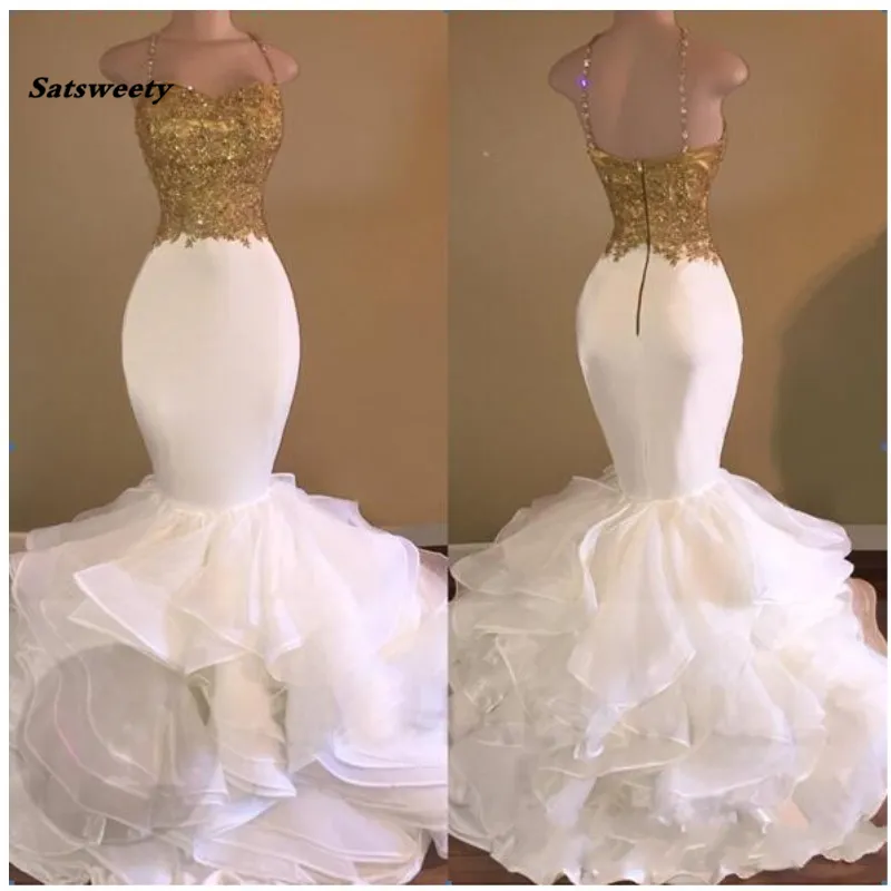 Casamento Sexy Mermaid Evening Dresses Gold Appliques Lace Ruffles Tiered Prom Gowns Zipper Open Back Robe De Mariee