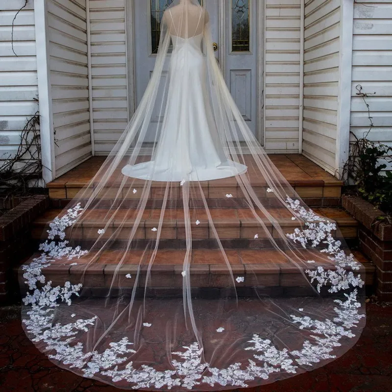 Simples Long Marfim Tulle Nupcial Véus Uma Camada Lace Applique Véu Do Casamento Personalizado Acessórios Do Casamento