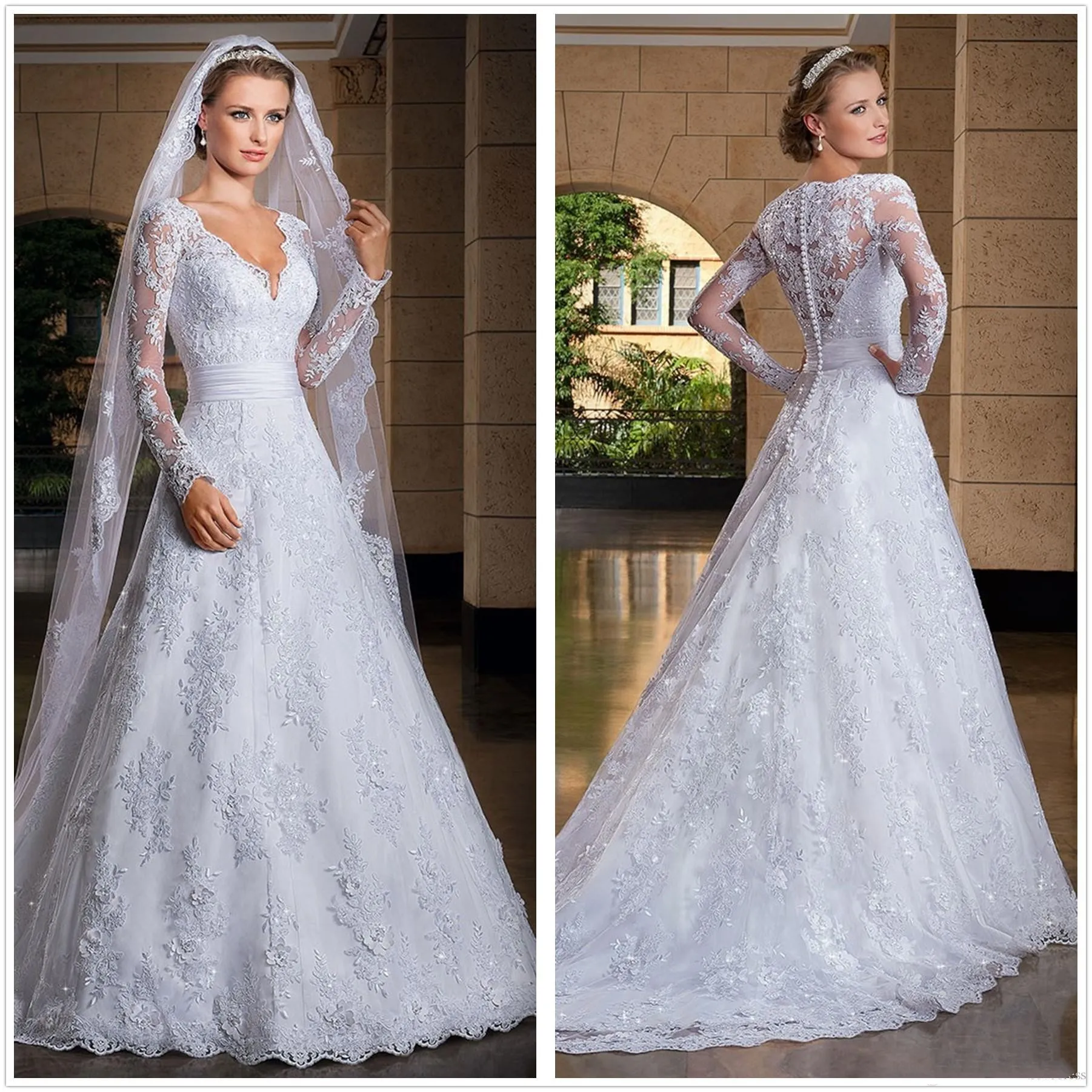 Vestidos de novia elegantes de manga larga de encaje con cuello en V, apliques de tul, vestidos de novia con botones, trajes de boda