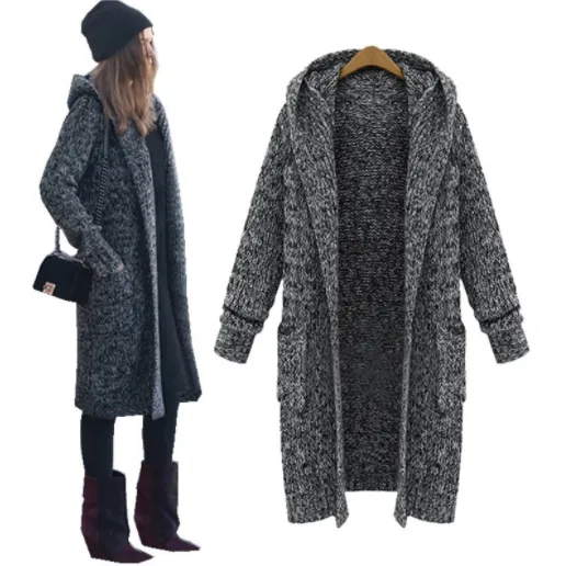 Übergroße, graue, lange, dicke Strickjacken, warmer Winterpullover mit Kapuze für Damen, Übergröße, volle Ärmel, mit Taschen, V191109